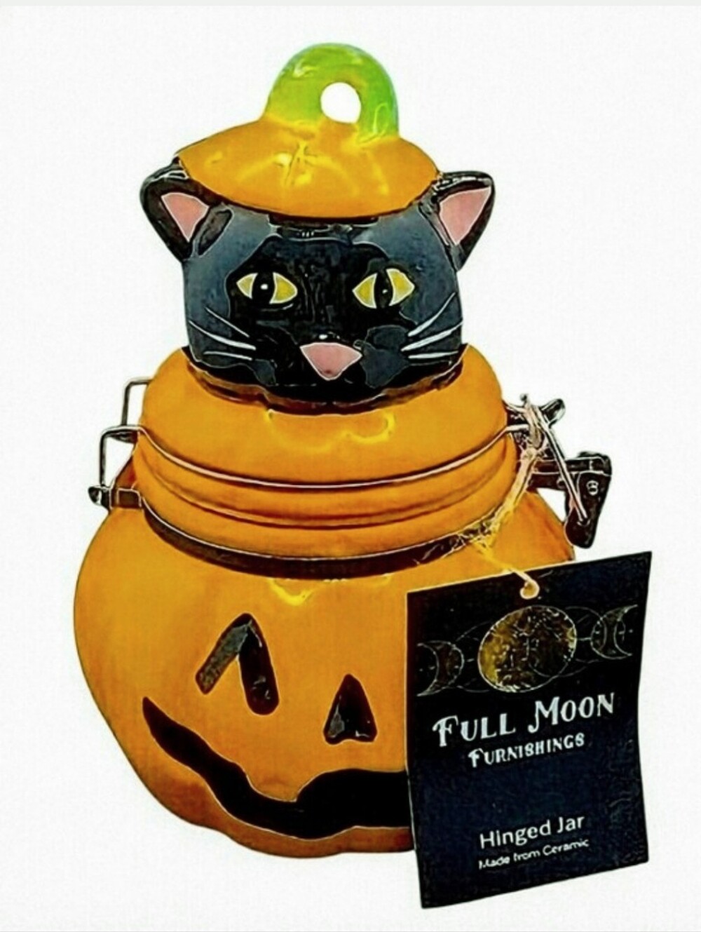NWT. Full Moon Furnishings Ceramic Black Cat Jack O' Latern Halloween Hinged Jar